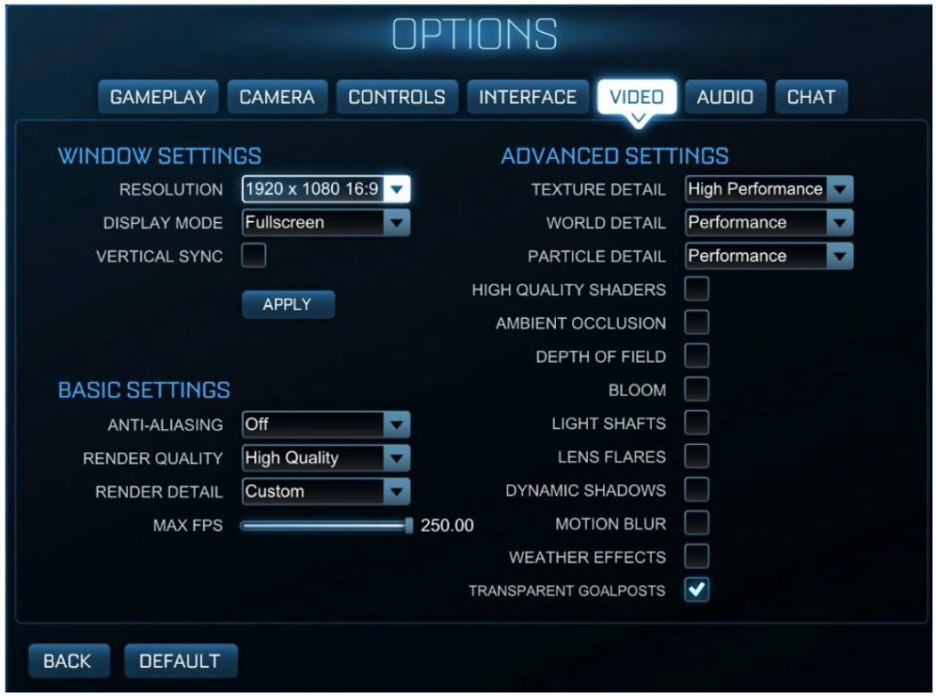 rocket league graphic settings options setup